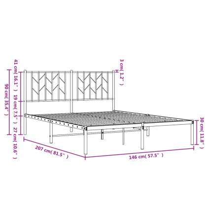 Метална рамка за легло с горна табла, черна, 140x200 см