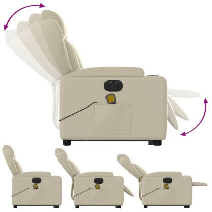 Електрически изправящ масажен реклайнер стол, кремав, еко кожа