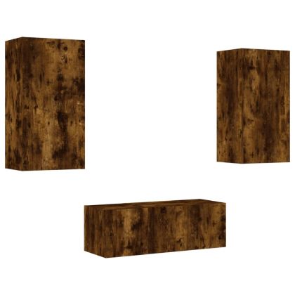 ТВ стенни модули с LED, 4 части, опушен дъб, инженерно дърво