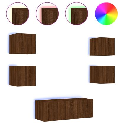 ТВ стенни модули с LED, 6 части, кафяв дъб, инженерно дърво