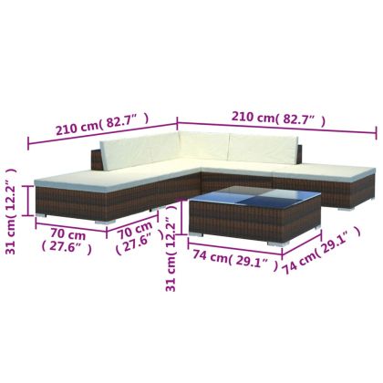 Градински комплект с възглавници, 6 части, кафяв полиратан