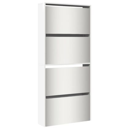 Шкаф за обувки с огледало, 4 нива, бял гланц, 63x17x134 см