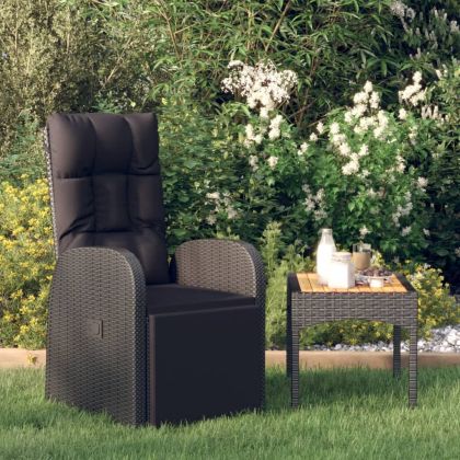 Накланящ се градински стол с възглавница, полиратан, черен
