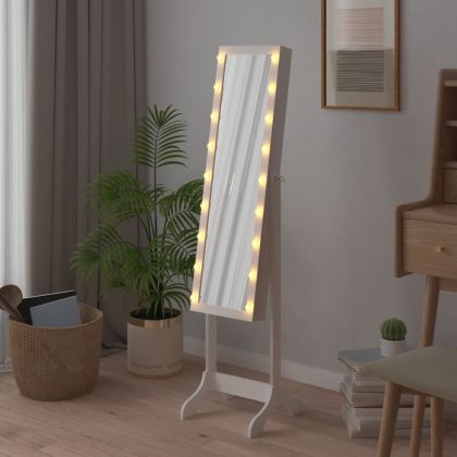 Стоящо огледало с LED, бяло, 34x37x146 см