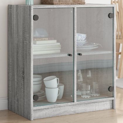 Страничен шкаф със стъклени врати, сив сонома, 68x37x75,5 см