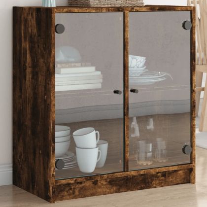 Страничен шкаф със стъклени врати, опушен дъб, 68x37x75,5 cm