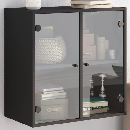 Стенен шкаф със стъклени врати, черен, 68x37x68,5 см