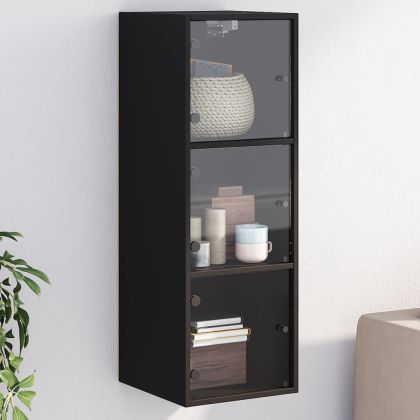 Стенен шкаф със стъклени врати, черен, 35x37x100 см