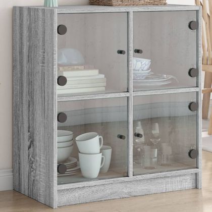 Страничен шкаф със стъклени врати, сив сонома, 68x37x75,5 см