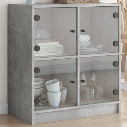 Страничен шкаф със стъклени врати, бетонно сива, 68x37x75,5 cm