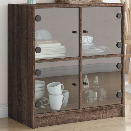 Страничен шкаф със стъклени врати, кафяв дъб, 68x37x75,5 cm