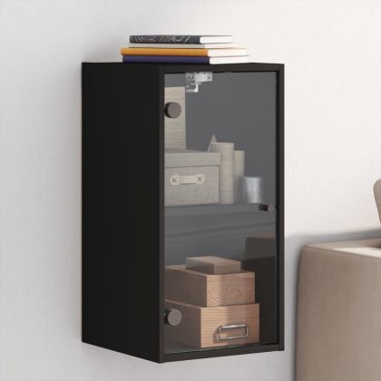 Стенен шкаф със стъклени врати, черен, 35x37x68,5 см