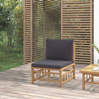 Градински среден диван с тъмносиви възглавници бамбук