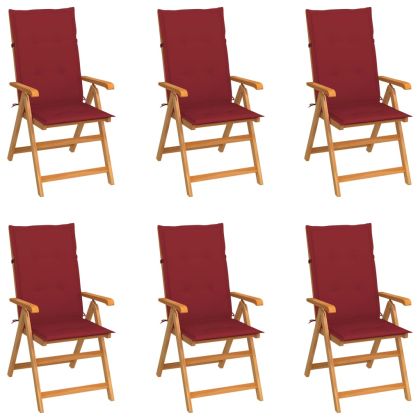 Градински столове, 6 бр, виненочервени възглавници, тик масив