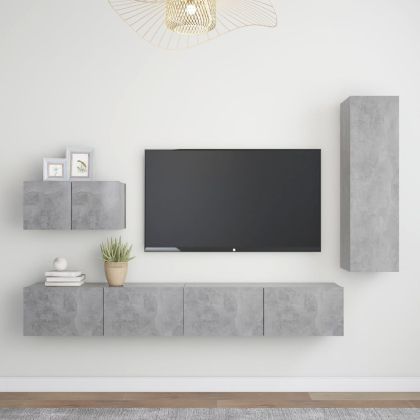 Комплект ТВ шкафове от 4 части, бетонно сив, инженерно дърво