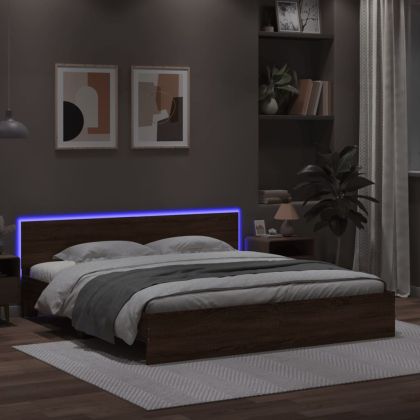 Рамка за легло с табла и LED, кафяв дъб, 200x200 см