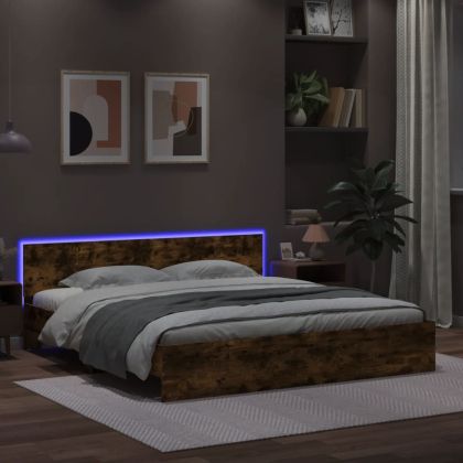 Рамка за легло с табла и LED, опушен дъб, 200x200 см