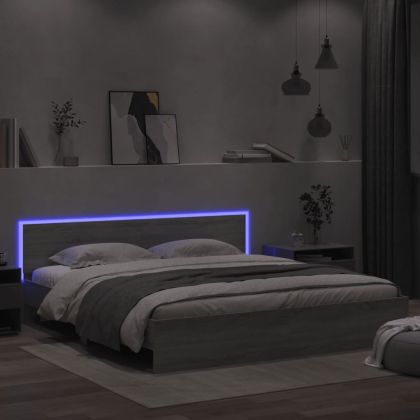 Рамка за легло с табла и LED, сив сонома, 200x200 см