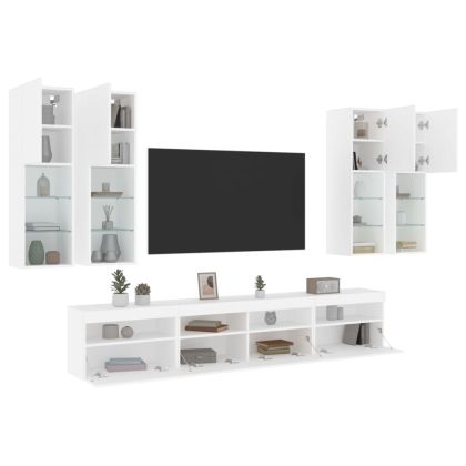 Комплект ТВ стенни шкафове, 7 части, с LED светлини, бели