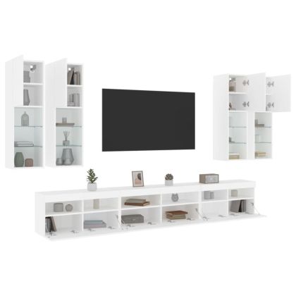 Комплект ТВ стенни шкафове, 7 части, с LED светлини, бели