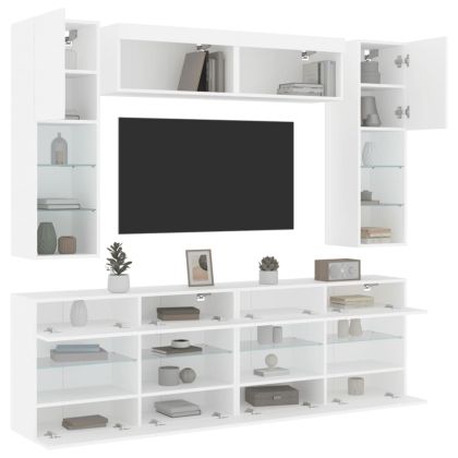 Комплект ТВ стенни шкафове, 6 части, с LED светлини, бели