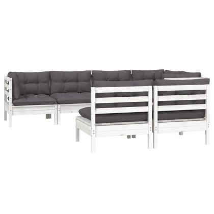 Градински лаундж комплект с възглавници, 7 части, бял бор