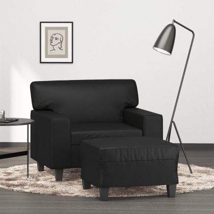 Кресло с табуретка, черно, 60 см, изкуствена кожа