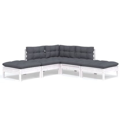 Градински лаундж комплект с възглавници, 5 части, бял бор