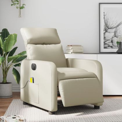 Електрически масажен реклайнер стол, кремав, изкуствена кожа