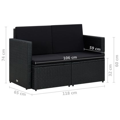 2-местен градински диван с възглавници, черен, полиратан