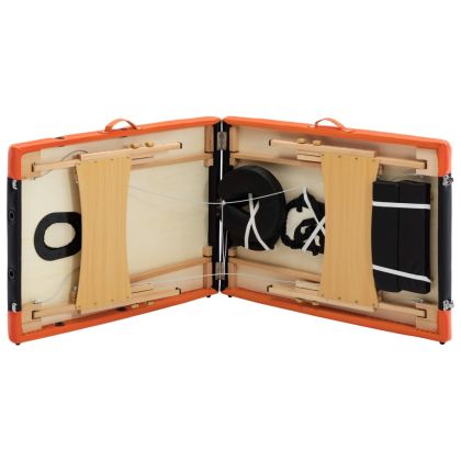 Сгъваема масажна кушетка, 2 зони, дърво, черно и оранжево