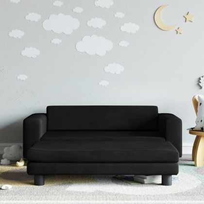 Детски диван с табуретка за крака, черен, 100x50x30 см, кадифе