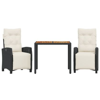 Градински комплект от 3 части с възглавници черни полиратан