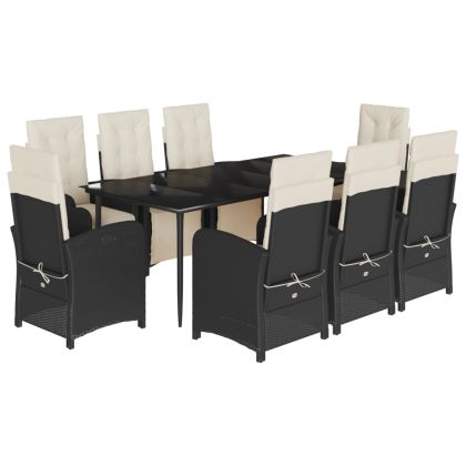 Градински трапезен комплект възглавници 9 части черен полиратан