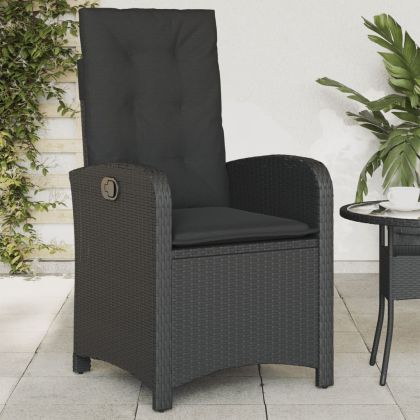 Накланящ се градински стол с възглавници, черен, полиратан