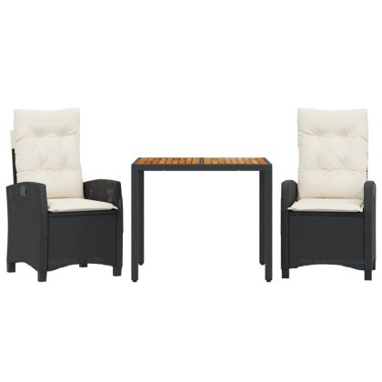 Градински комплект от 3 части с възглавници черни полиратан