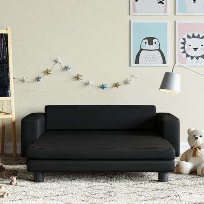 Детски диван с табуретка черен 100x50x30 см изкуствена кожа