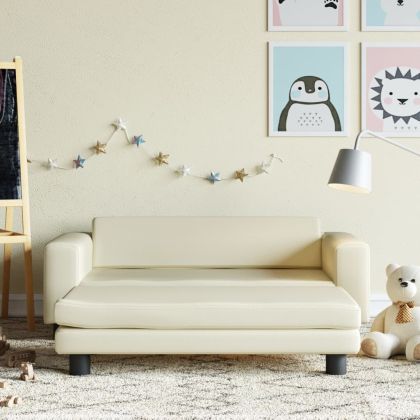 Детски диван с табуретка, кремав, 100x50x30 см, изкуствена кожа