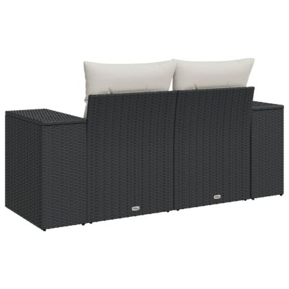 Градински диван с възглавници 2-местен черен полиратан
