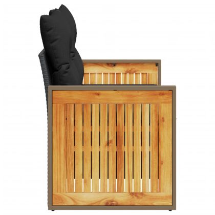 Градински диван с възглавници, двуместен, черен, полиратан