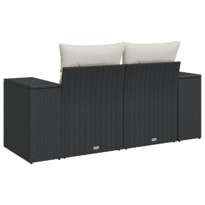 Градински диван с възглавници 2-местен черен полиратан