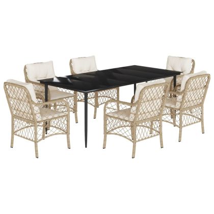 Градински комплект с възглавници, 7 части, бежов полиратан