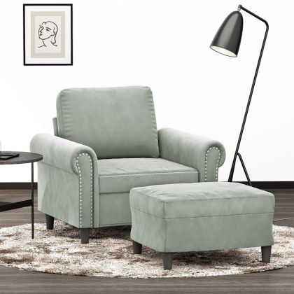Кресло с табуретка, светлосиво, 60 см, кадифе