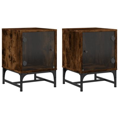 Нощни шкафчета със стъклени врати 2 бр опушен дъб 35x37x50 см