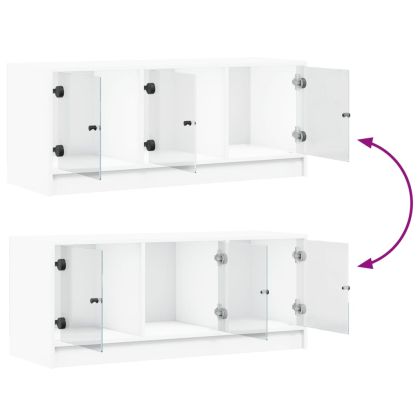 ТВ шкаф със стъклени врати, бял, 102x37x42 см