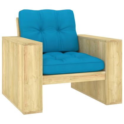 Градински стол със сини възглавници, импрегниран бор