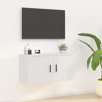 ТВ шкаф за стенен монтаж, бял гланц, 80x34,5x40 см