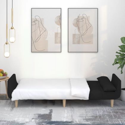 2-местно разтегателно канапе с две възглавници, черно, текстил