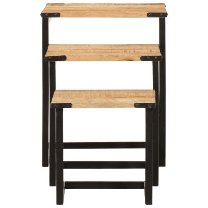 Стифиращи масички за кафе, 3 бр, мангово дърво масив и желязо