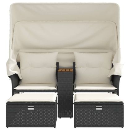 2-местен градински диван със сенник и табуретки черен полиратан